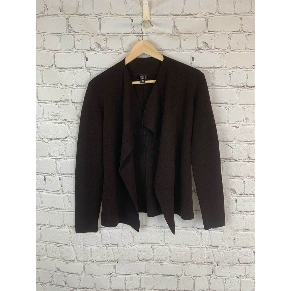 Eileen Fisher Wool Interlock Knit Jacket Solid Bro